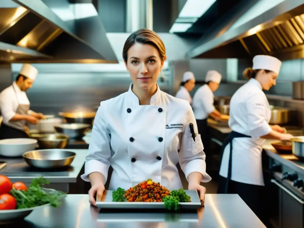 Una imagen de Anne-Sophie Pic en su restaurante en Valence, Francia, liderando a su equipo de chefs mujeres en la cocina