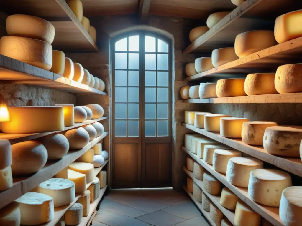 Imagen de una bodega de quesos franceses más icónicos sabores, con ruedas de Brie, Camembert y Roquefort envejeciendo en estantes de madera