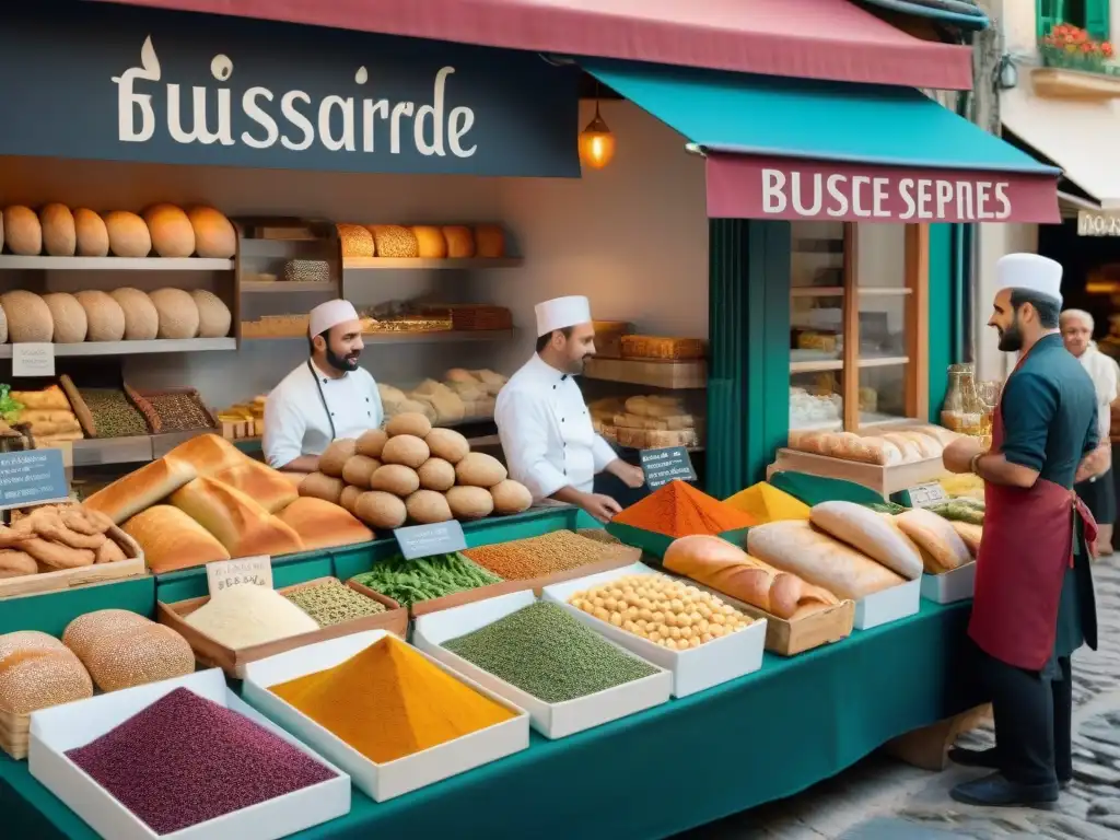 Imagen de un bullicioso mercado francés con influencia árabe en gastronomía francesa