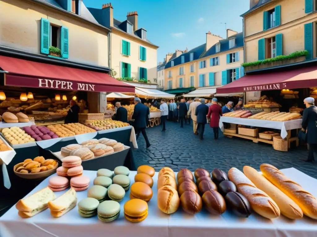 Imagen de un bullicioso mercado francés con baguettes, macarons, quesos y frutas frescas