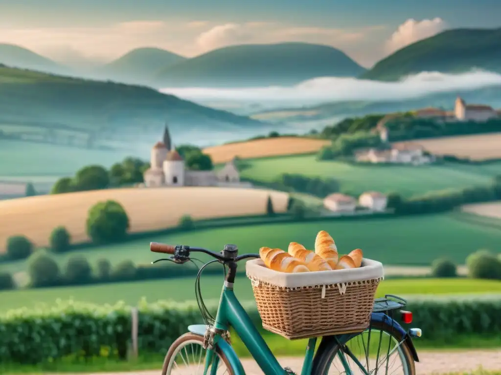 Imagen de la campiña francesa con bicicleta vintage, pan fresco y encanto histórico