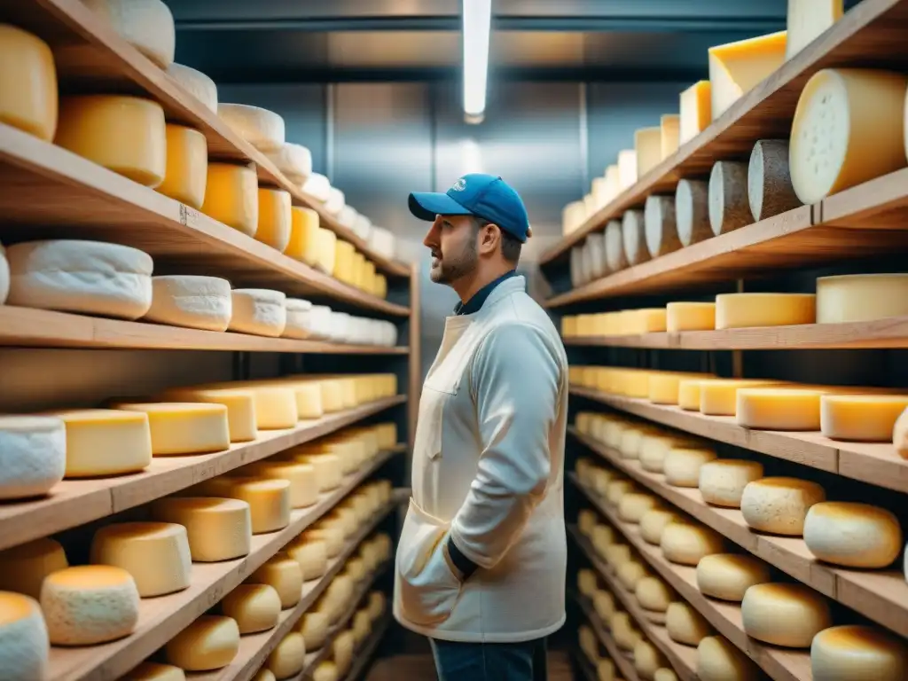 Una imagen cautivadora de quesos franceses en una bodega tradicional, donde se mezclan la artesanía y la tecnología en talleres de innovación