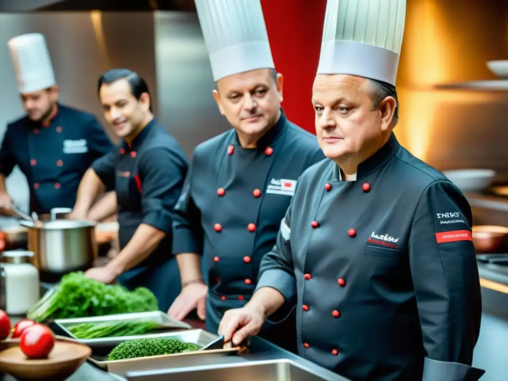 Imagen de alta resolución de Joël Robuchon enseñando a chefs aspirantes en una cocina francesa tradicional