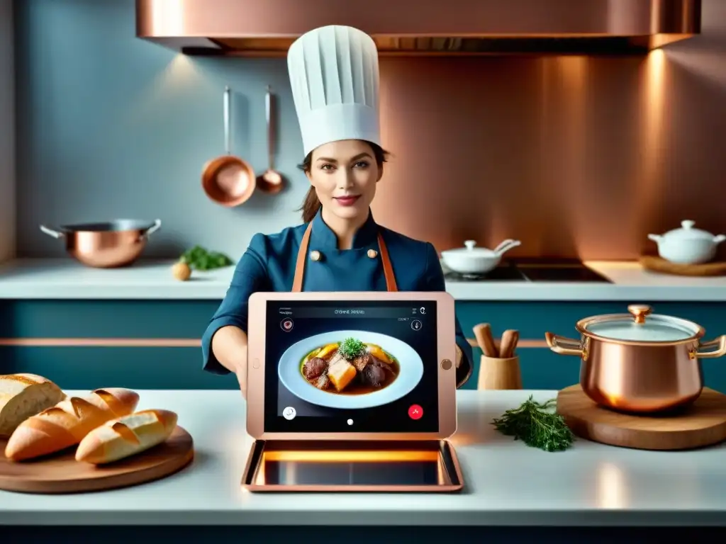 Imagen de cocina moderna fusionando recetas francesas con tecnología avanzada