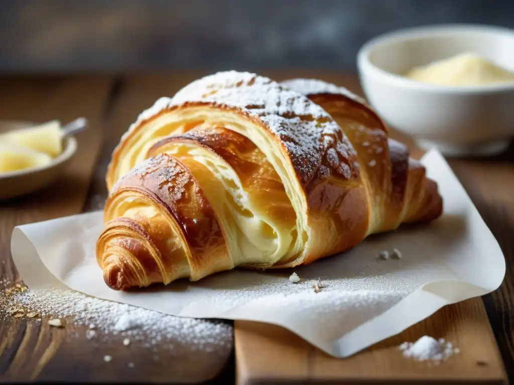 Imagen de croissant dorado y escamoso en una mesa de madera, con toque de azúcar glas