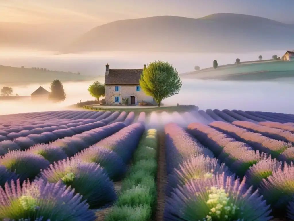 Imagen detallada de un amanecer en una serena escena de campo francés, con campos de lavanda y una panadería al fondo