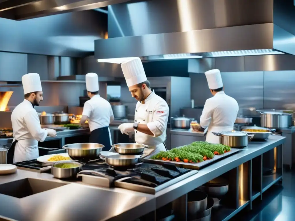 Una imagen detallada de una animada cocina francesa con estrella Michelin durante el servicio