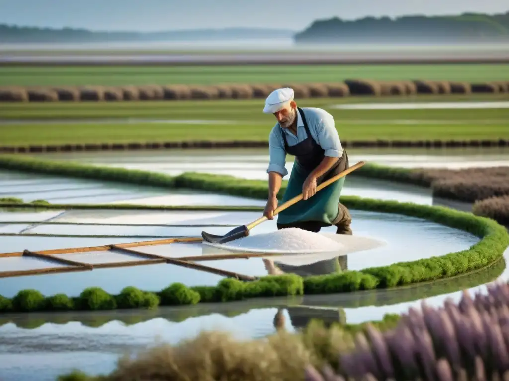 Imagen detallada de la recolección artesanal de Fleur de Sel en Guérande, Francia