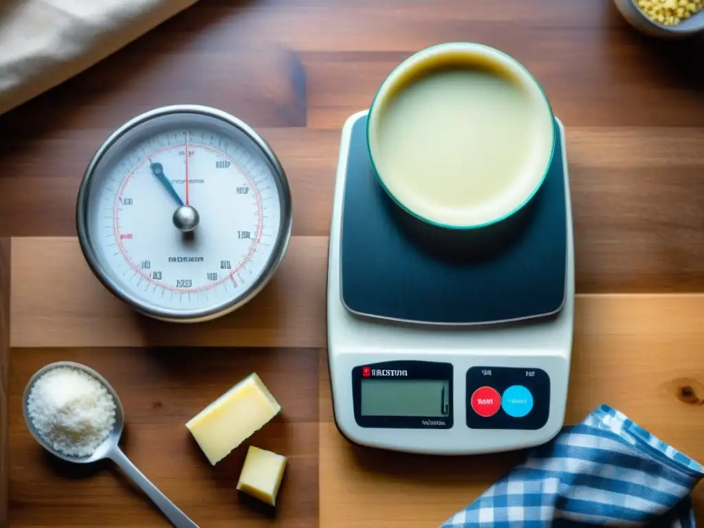 Una imagen detallada de una báscula digital en una cocina, mostrando la importancia de usarla en recetas francesas