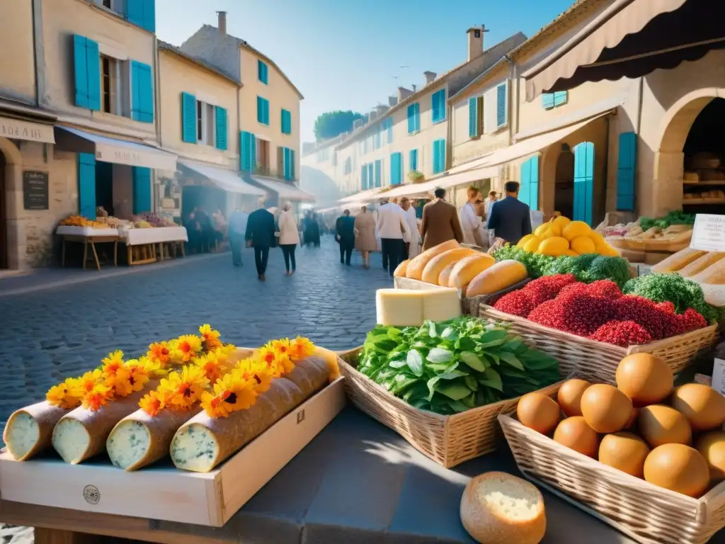 Imagen detallada de un bullicioso mercado al aire libre en la Provenza, Francia, mostrando productos frescos, flores coloridas y quesos artesanales