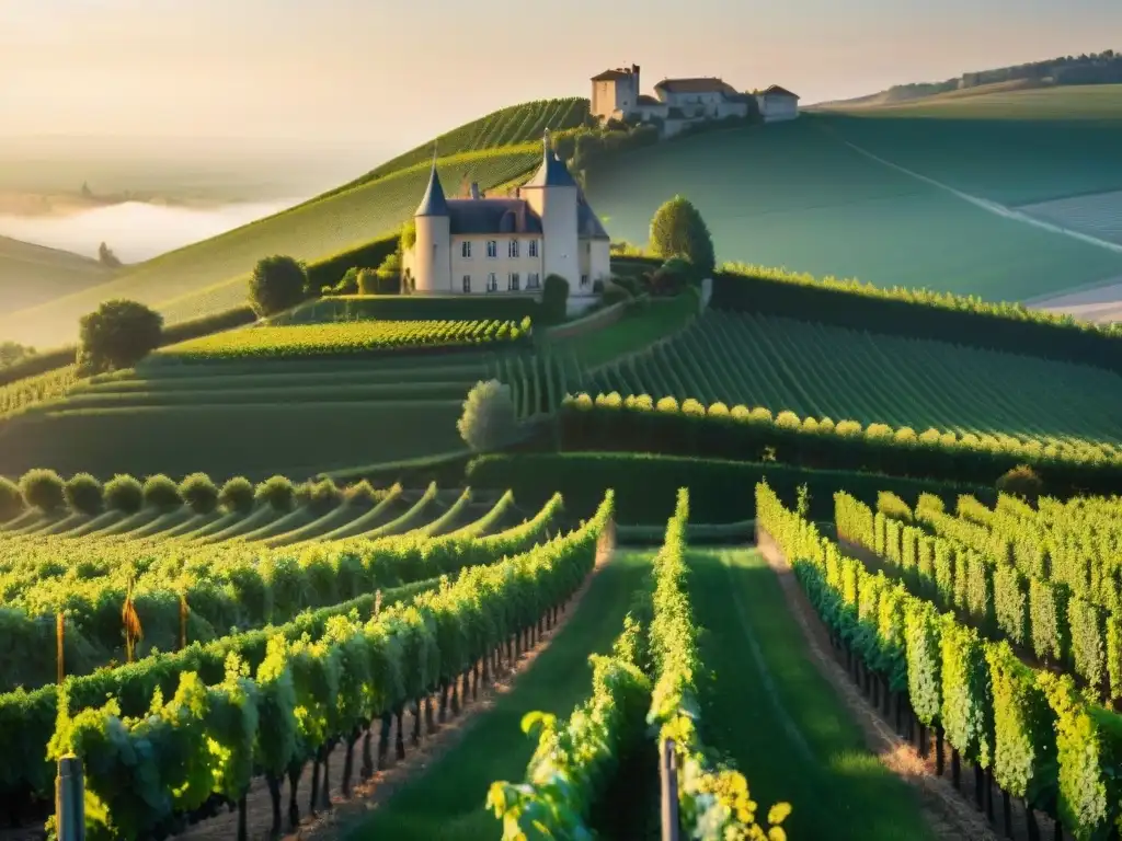 Una imagen detallada de la producción de Champagne en la región de Champagne, con viñedos verdes y un chateau francés en el fondo