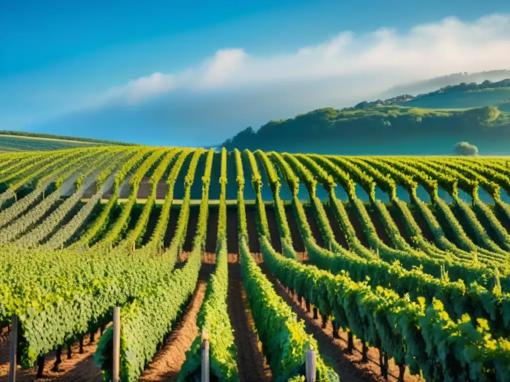 Una imagen detallada de una exuberante viña verde en el campo francés, con agricultores practicando sostenibilidad agrícola en Francia