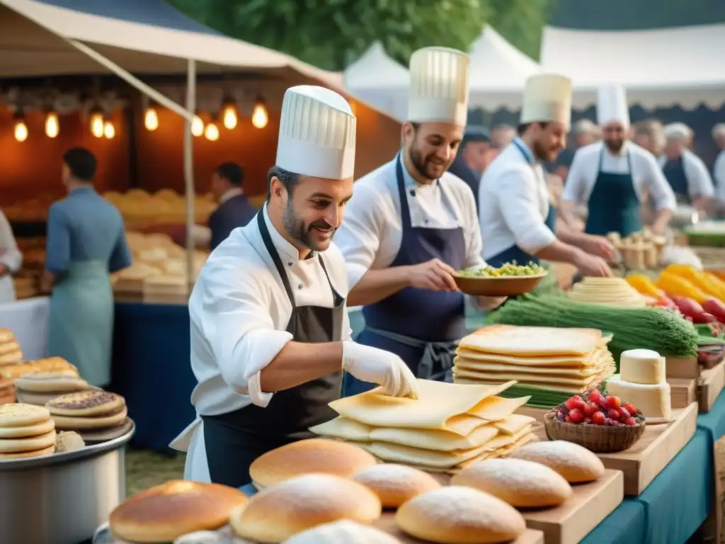 Imagen detallada de un festival gastronómico en Francia, con chefs preparando crepes y coloridos puestos de mercado