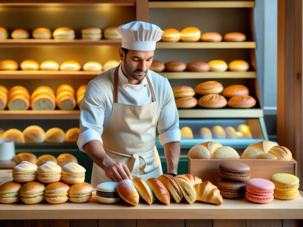 Imagen detallada de una boulangerie francesa temprano, con croissants, baguettes y macarons