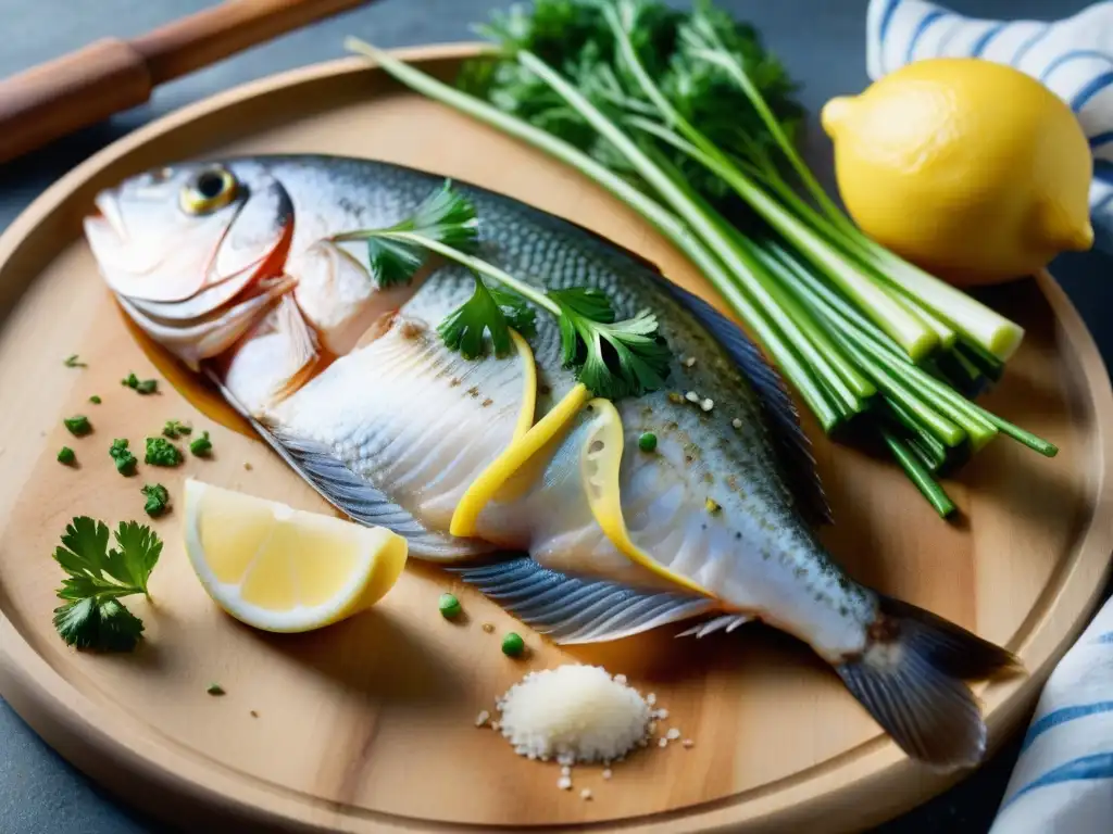 Una imagen detallada de una fresca y brillante lenguado entero sobre tabla de madera, con ingredientes para Sole Meunière receta tradicional francesa