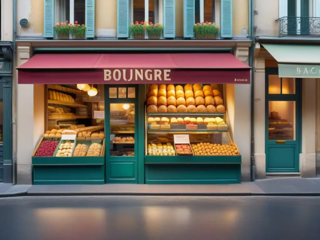 Imagen detallada de una panadería francesa al amanecer, con estética comida francesa en imágenes