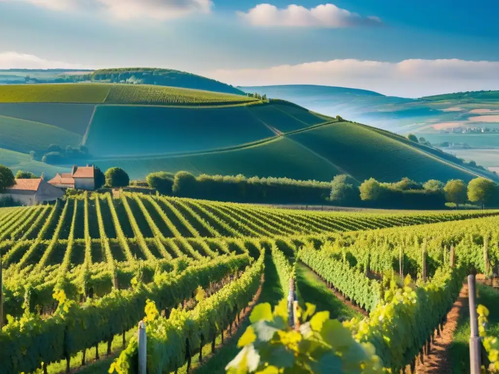 Viñedos exquisitos de Borgoña: tradición y belleza Imagen detallada de un pintoresco viñedo en Borgoña, con hileras de vides verdes bajo cielo azul