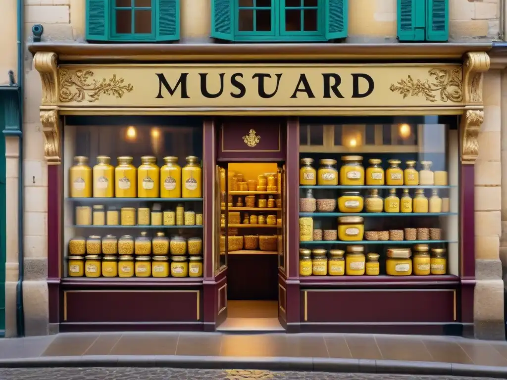 Imagen detallada de una tienda de mostaza tradicional en Dijon, Francia, con letreros de madera vintage y variedad de mostazas en exhibición