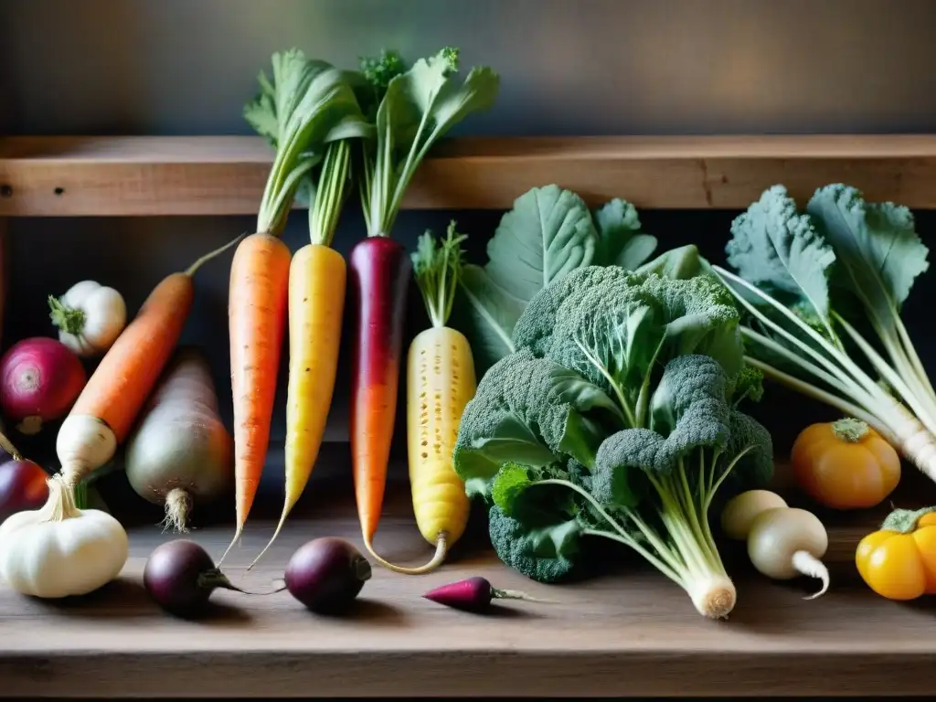 Una imagen detallada de verduras olvidadas en la cocina francesa, resaltando su belleza y variedad en una mesa rústica