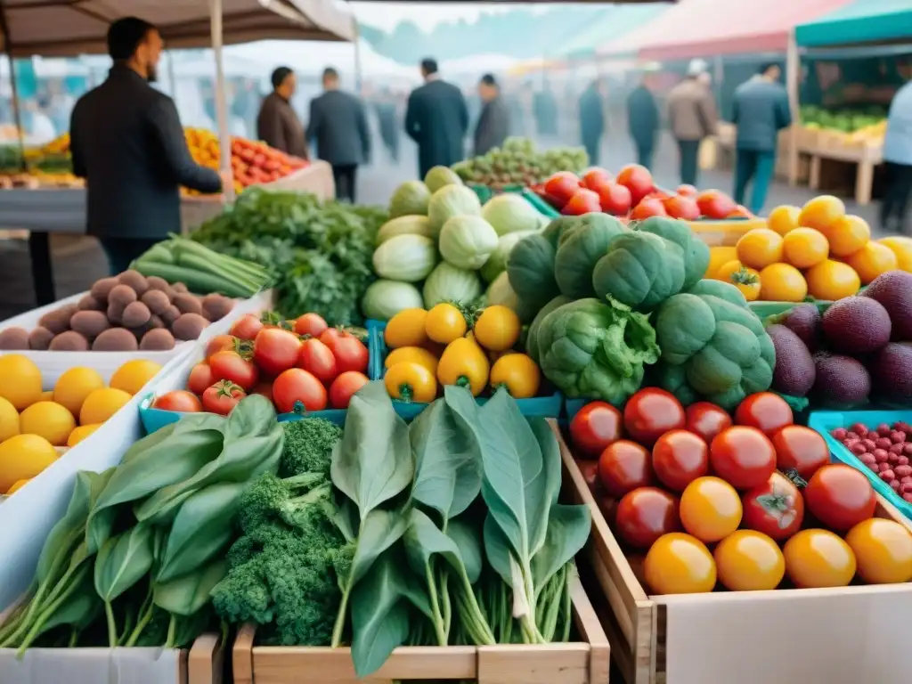 Una imagen detallada y vibrante de un mercado de agricultores en Borgoña, Francia, resaltando la abundancia de ingredientes vegetarianos en la región