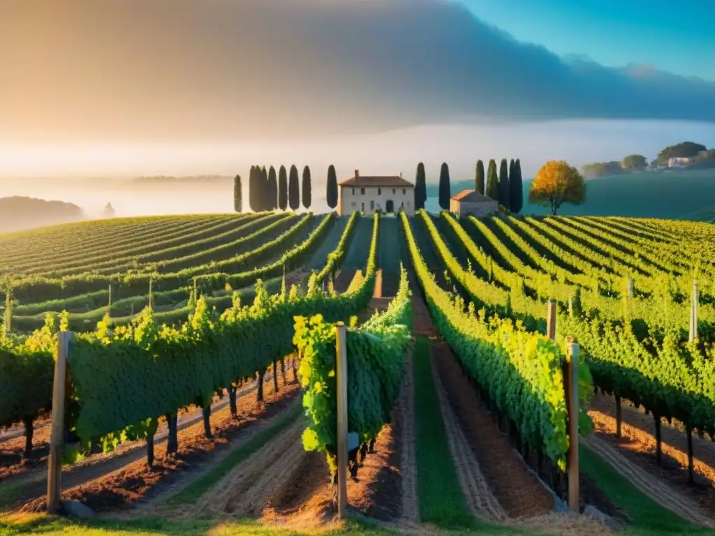 Imagen detallada de un viñedo francés al amanecer, con filas de vides verdes bajo una luz dorada, evocando el origen y tipos de vinos franceses