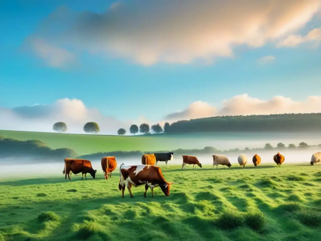 Una imagen documental de una exuberante pradera francesa con animales en libertad como vacas, ovejas y pollos bajo el sol de la tarde