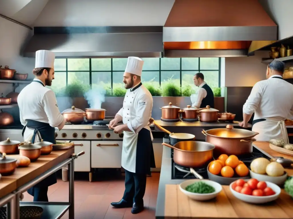 Una imagen documental de alta resolución muestra una bulliciosa cocina francesa del siglo XX