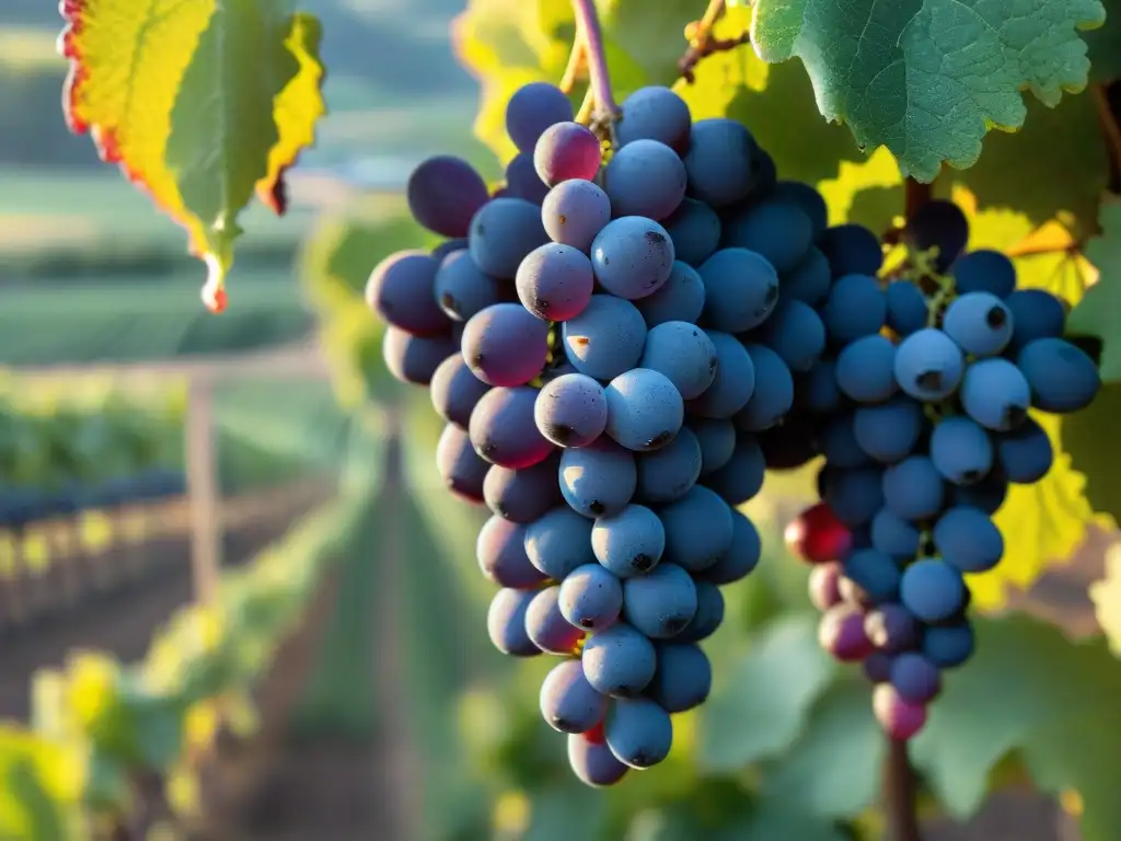 Una imagen evocadora de viñedos en Borgoña, Francia, con racimo de uvas Pinot Noir maduro brillante de rocío