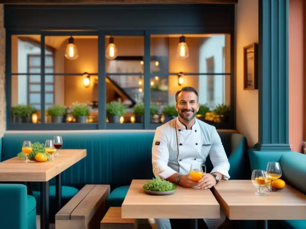 La imagen muestra la innovación en la gastronomía francesa, fusionando lo tradicional con lo moderno en un encantador bistró de pueblo