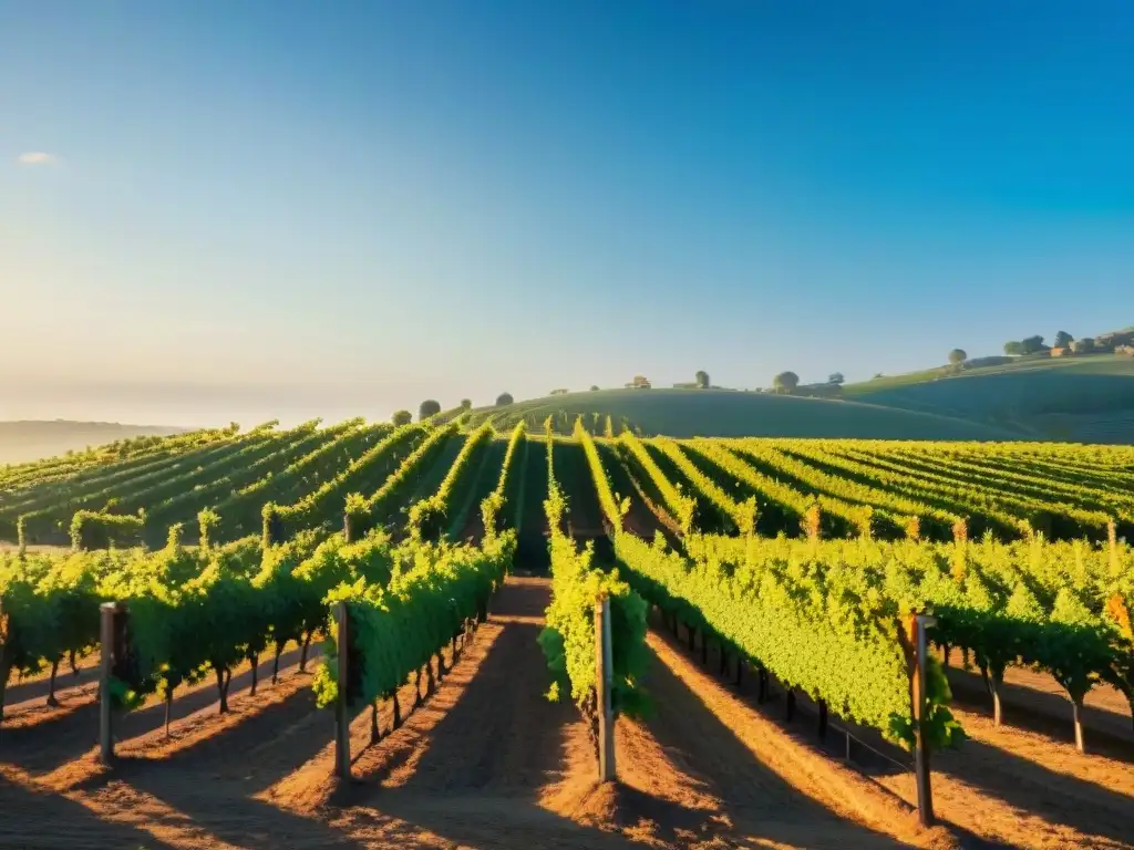 Imagen impactante de viñedo al amanecer, agricultores cuidan vides