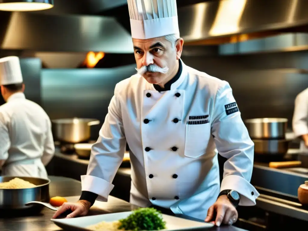 La imagen muestra el legado culinario de Georges Auguste Escoffier en una cocina profesional, dirigiendo a su equipo con precisión y pasión