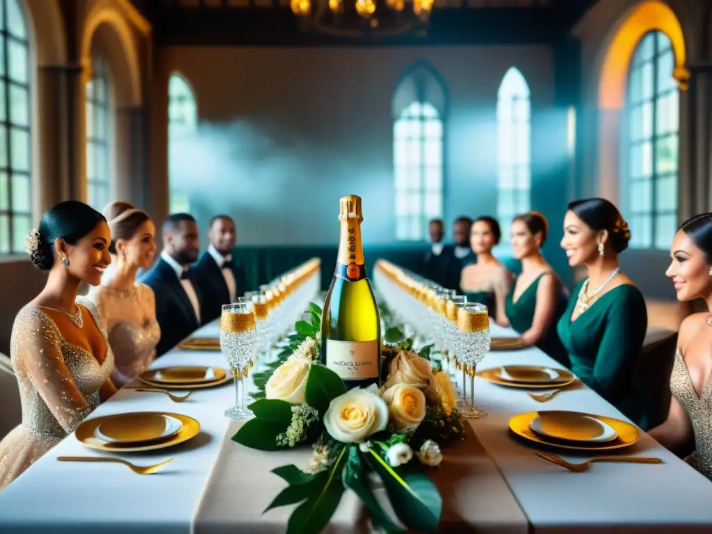 Imagen de una lujosa mesa real con copas de champán, candelabros dorados y invitados brindando, reflejando la historia y evolución del champagne como bebida exclusiva