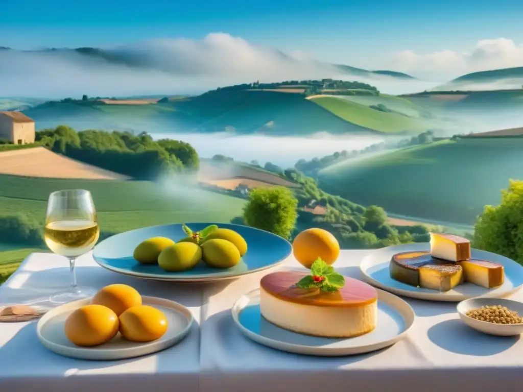 Imagen de postal del Périgord en el Suroeste francés: casa rural, río y mesa con foie gras