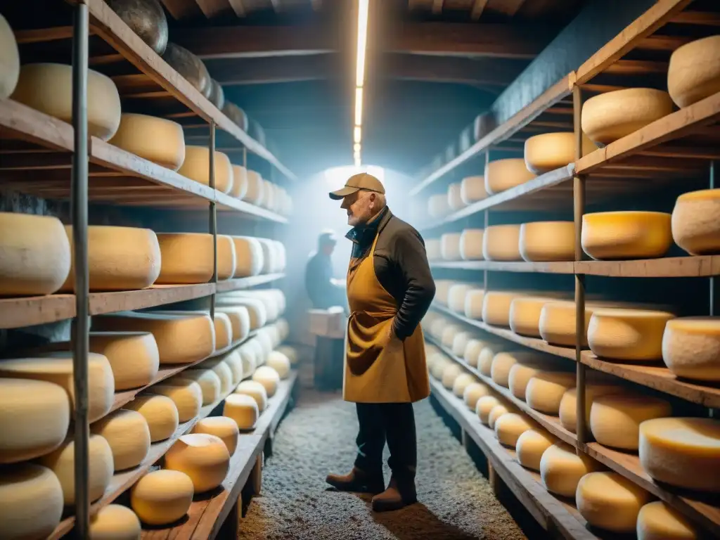 La imagen muestra el proceso de envejecimiento del queso Munster en las cuevas de los Vosgos, resaltando la historia y la tradición