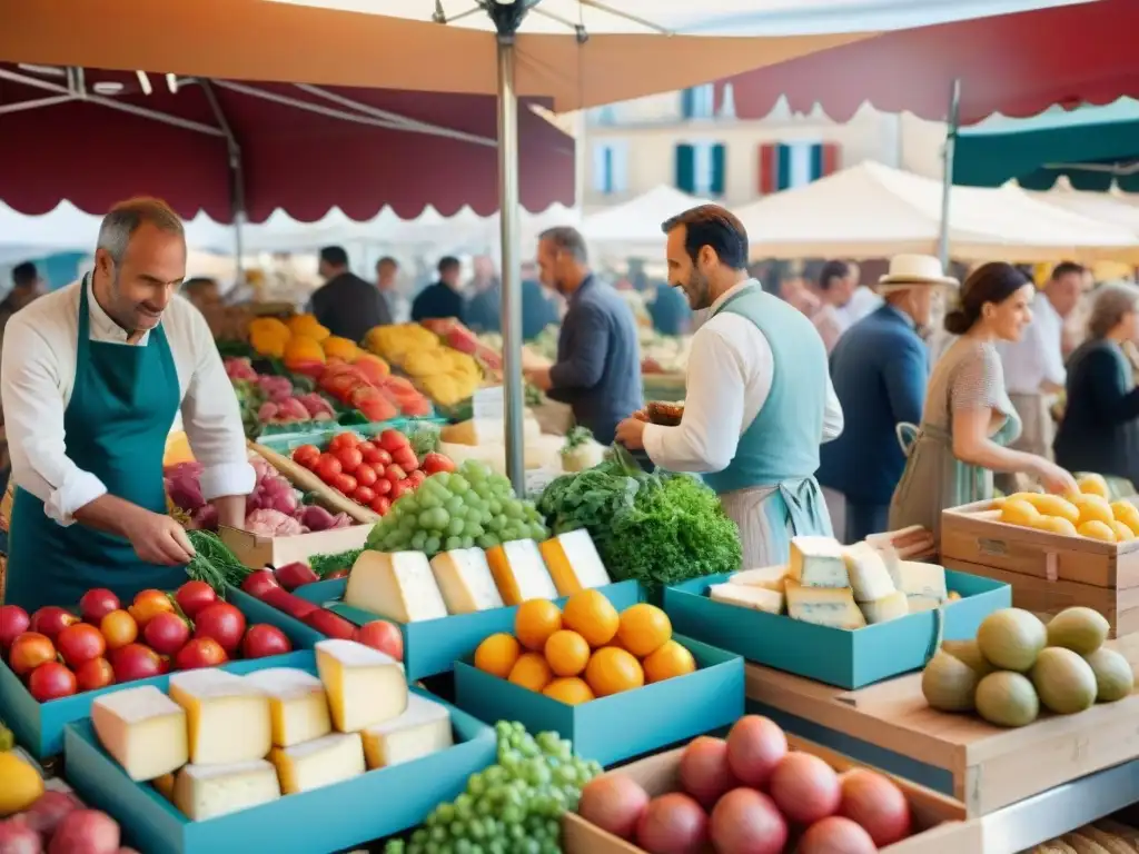 Imagen vibrante de un bullicioso mercado francés con puestos de productos frescos y coloridos