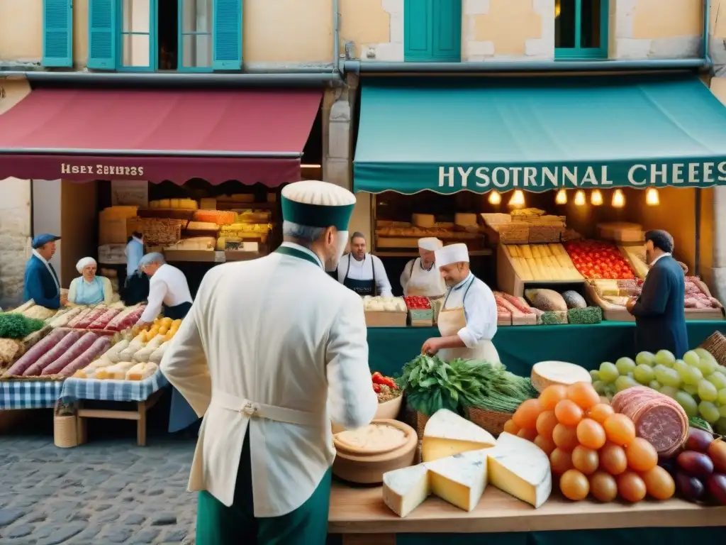 Imagen vibrante de un bullicioso mercado de alimentos al aire libre en Francia, evocando festivales gastronómicos en Francia