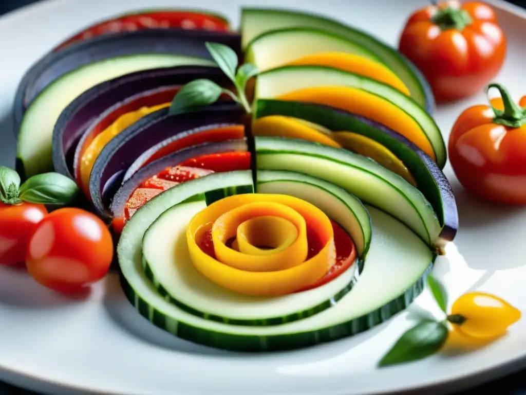 Presentación impecable de un plato chef francés: Ratatouille con capas de verduras vibrantes en un patrón circular