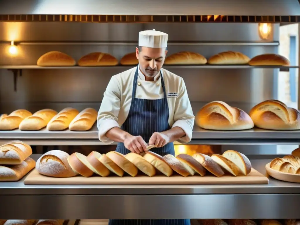 La importancia de cereales en la gastronomía francesa cobra vida en una panadería rústica con un maestro panadero creando una baguette tradicional