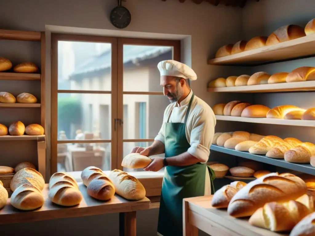 La importancia del pan en Francia: Un panadero experto moldea masa de baguette en una panadería tradicional francesa, con clientes esperando afuera