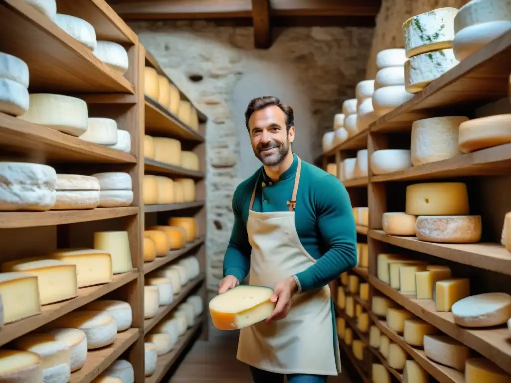 Explora la importancia del queso en Francia a través de esta cautivadora imagen de una bodega tradicional llena de quesos envejecidos