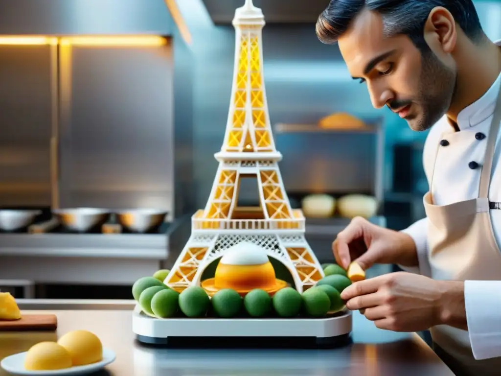 Una impresionante impresión 3D en gastronomía francesa: una escultura de azúcar de la Torre Eiffel siendo creada en una cocina de restaurante moderno