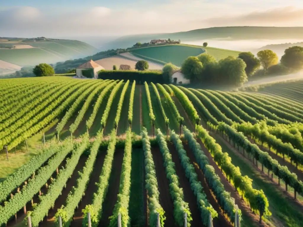 Un impresionante viñedo en el campo francés con agricultores cuidando las vides