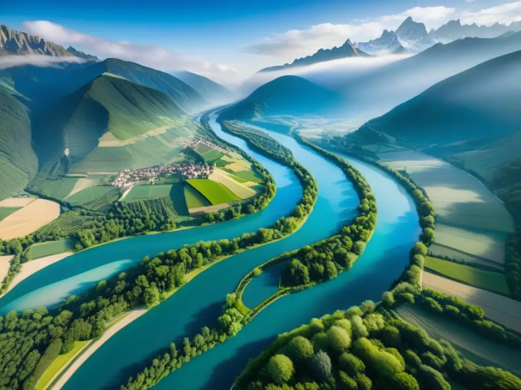 Impresionante vista aérea del río Ródano serpenteando entre la exuberante vegetación alpina, destacando la cocina de RódanoAlpes con ríos