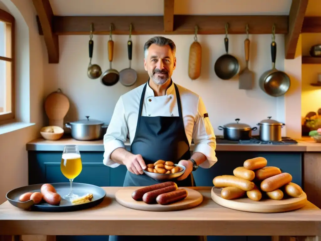 Influencia alemana en la cocina de Alsacia: cocina tradicional alsaciana con elementos culinarios alemanes en una cocina acogedora y rústica