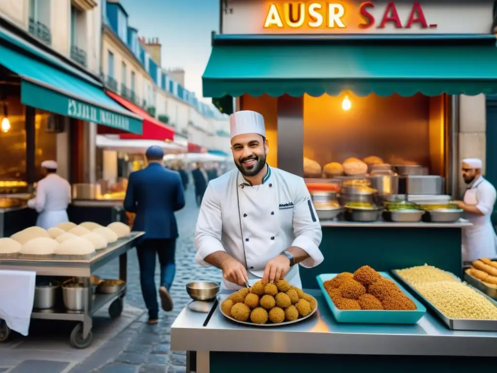 Influencia gastronomía árabe en Francia: Calle bulliciosa de París con restaurantes árabes y ambiente multicultural