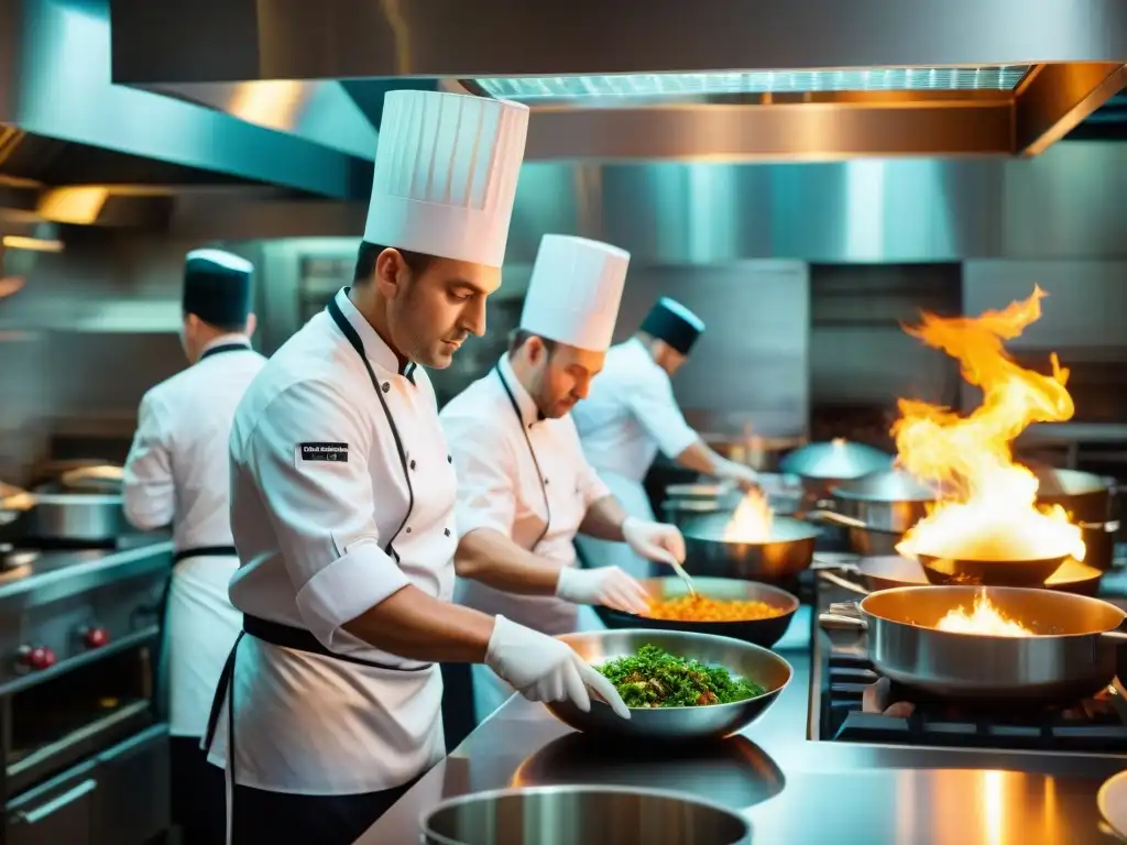 La influencia de chefs alta cocina francesa cobra vida en una vibrante escena de cocina estrellada en Francia durante el servicio de cena