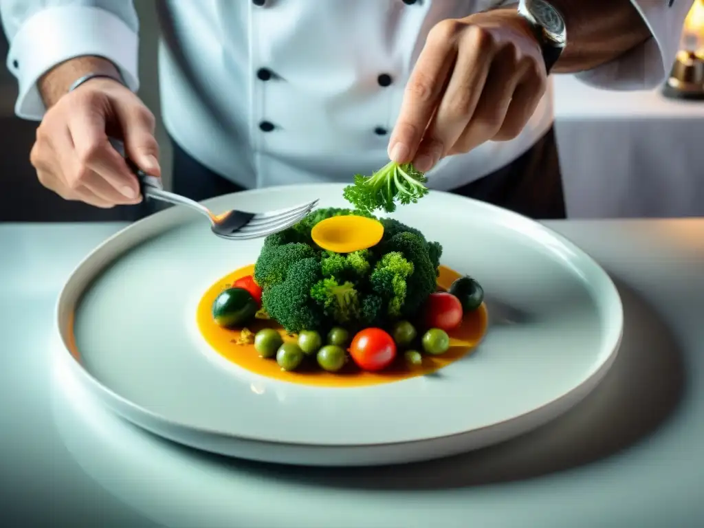 Influencia chefs alta cocina francesa: Chef francés dispone con precisión exquisitas verduras coloridas en plato blanco