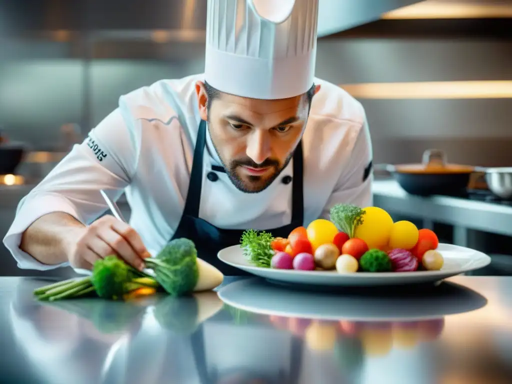 Influencia chefs alta cocina francesa: Chef francés de estrella Michelin elaborando obra culinaria en cocina de alta gama