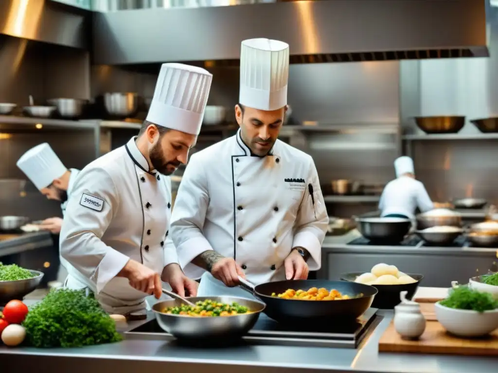 Influencia de chefs en la alta cocina francesa: Chefs franceses preparando platillos con precisión y arte en una bulliciosa cocina