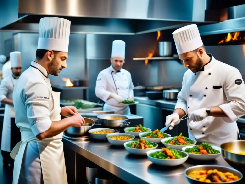 Influencia chefs alta cocina francesa: Chefs expertos preparan platos en una bulliciosa cocina francesa, con técnicas precisas y dedicación